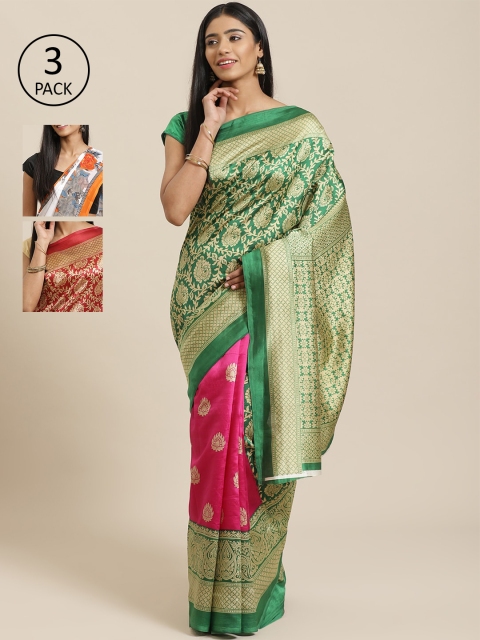 

KALINI Green & Multicoloured Art Silk Set of 3 Mysore Silk Saree