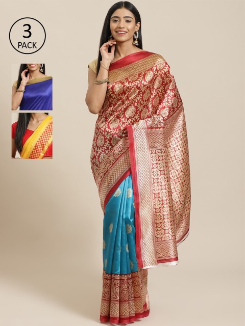 

KALINI Pack of 3 Red & Blue Mysore Silk Sarees