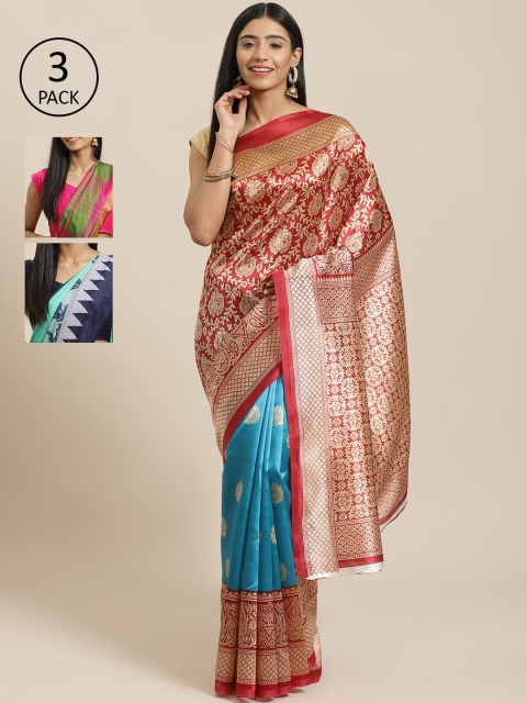 

KALINI Pack of 3 Red & Blue Mysore Silk Sarees