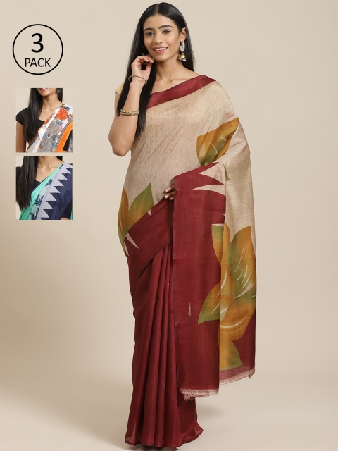 

KALINI Pack of 3 Floral Art Silk Mysore Silk Saree, Beige