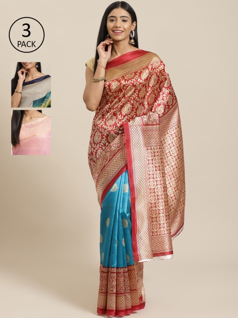 

KALINI Pack of 3 Red & Blue Mysore Silk Sarees