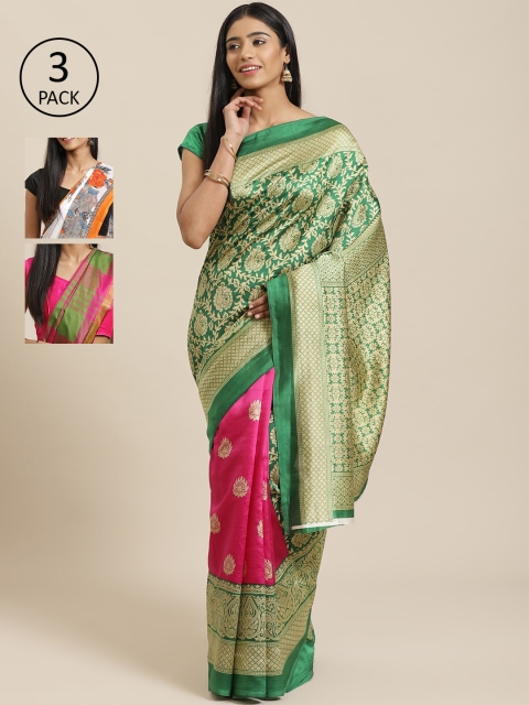 

KALINI Pack of 3 Printed Mysore Silk Saree, Green