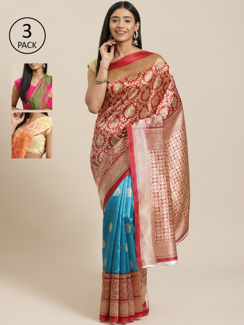 

KALINI Pack of 3 Printed Mysore Silk Saree, Red