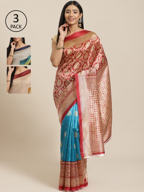 

KALINI Pack Of 3 Art Silk Printed Sarees, Red