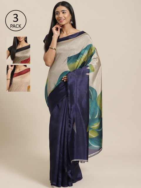 

KALINI Pack of 3 Navy Blue & Grey Mysore Silk Sarees