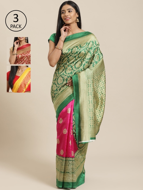 

KALINI Pack of 3 Printed Mysore Silk Saree, Green