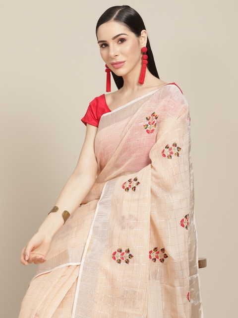 

Anouk Cream-Coloured & Red Zari Embroidered Linen Blend Saree