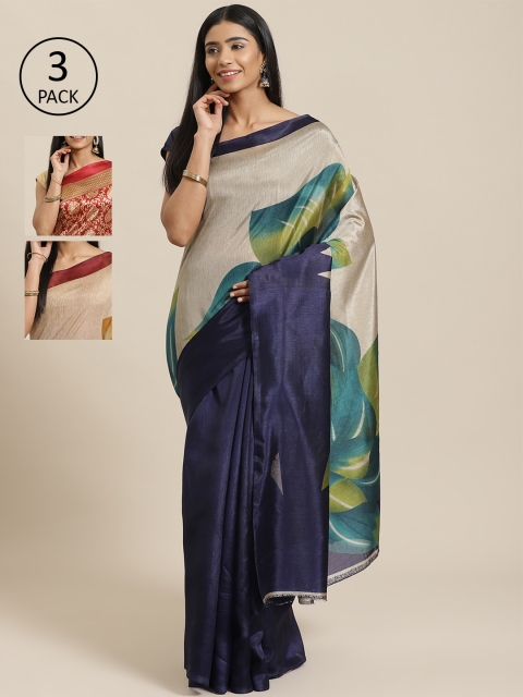 

KALINI Pack of 3 Printed Sarees, Navy blue