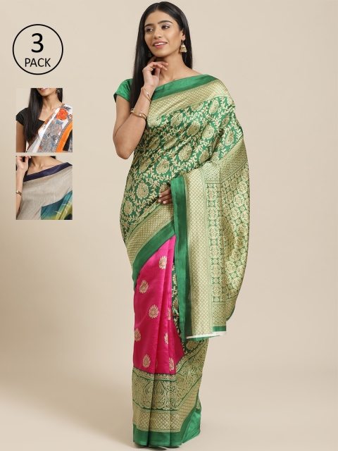 

KALINI Pack of 3 Printed Sarees, Green
