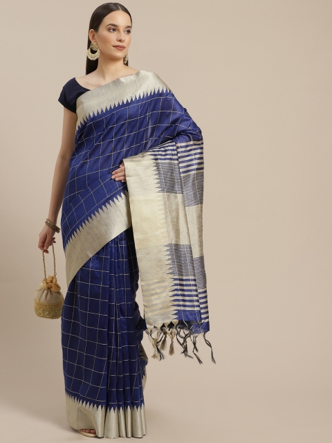 

Anouk Navy Blue & White Checked Embroidered Silk Blend Saree
