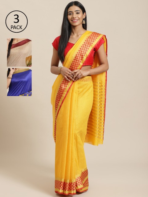 

KALINI Yellow & Multicoloured Silk Cotton Set of 3 Saree