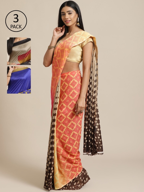 

KALINI Pack of 3 Peach-Coloured & Brown Poly Georgette Sarees