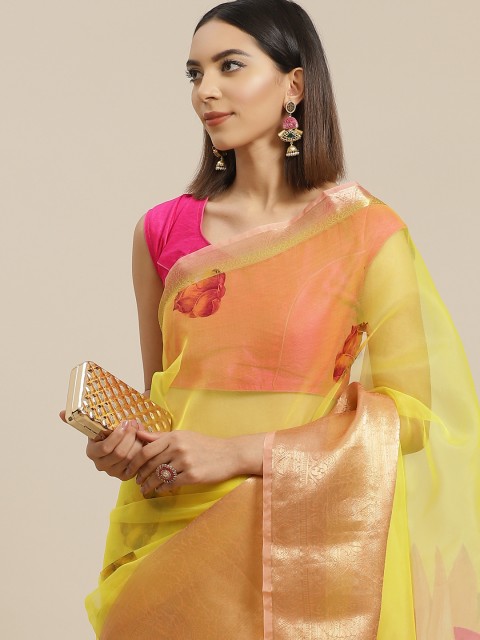 

Anouk Yellow & Pink Floral Organza Saree