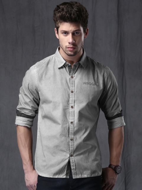 

WROGN Men Grey Slim Fit Washed Casual Shirt