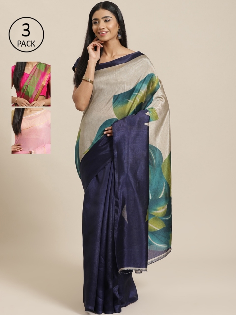 

KALINI Pack Of 3 Printed Sarees, Navy blue