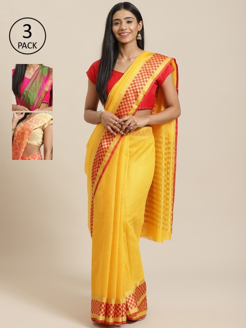 

KALINI Yellow & Multicoloured Silk Cotton Set of 3 Saree