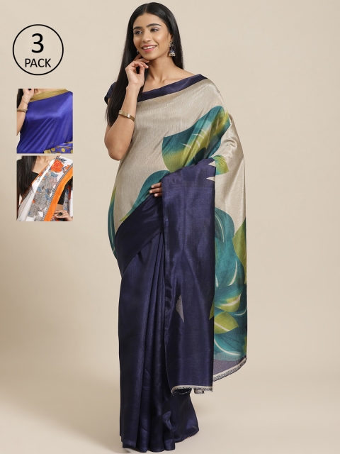 

KALINI Pack of 3 Navy Blue & Grey Mysore Silk Sarees