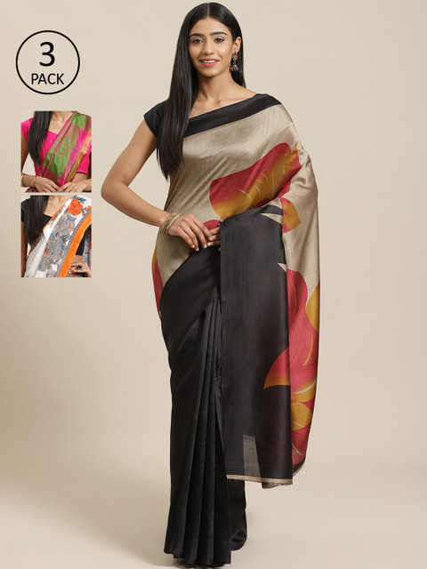 

KALINI Pack Of 3 Printed Sarees, Black