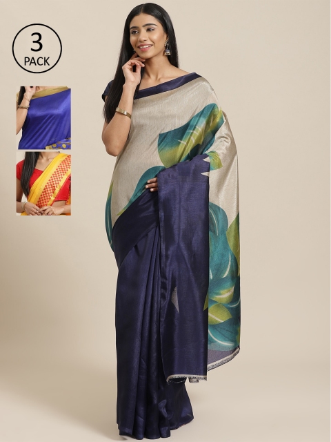 

KALINI Navy Blue & Multicoloured Art Silk Set of 3 Mysore Silk Saree