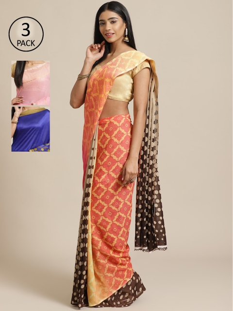 

KALINI Pack of 3 Peach-Coloured & Brown Poly Georgette Sarees