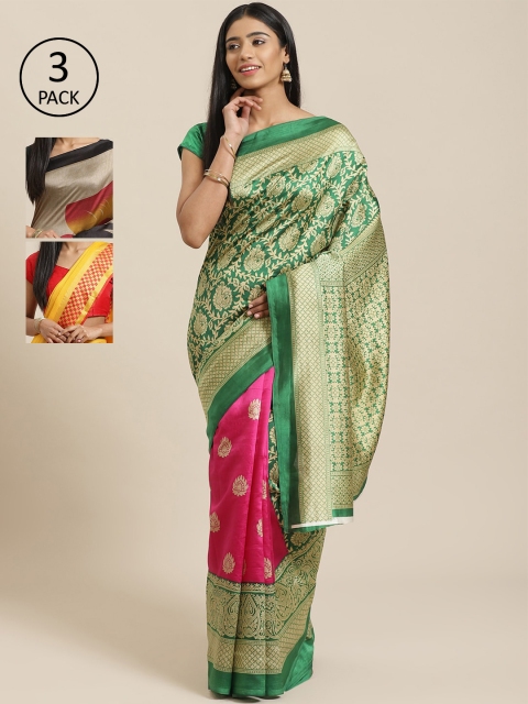 

KALINI Pack of 3 Printed Mysore Silk Saree, Green