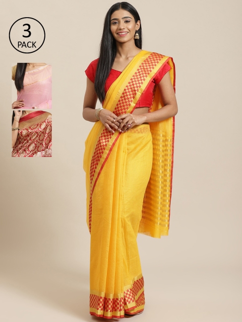

KALINI Pack of 3 Yellow & Pink Cotton Silk Sarees