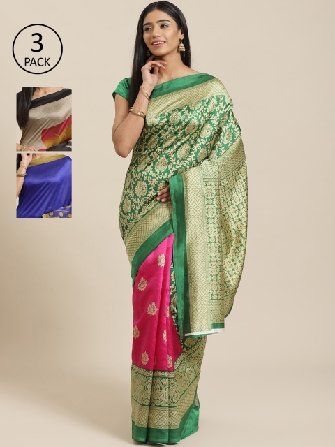 

KALINI Pack Of 3 Art Silk Printed Sarees, Green