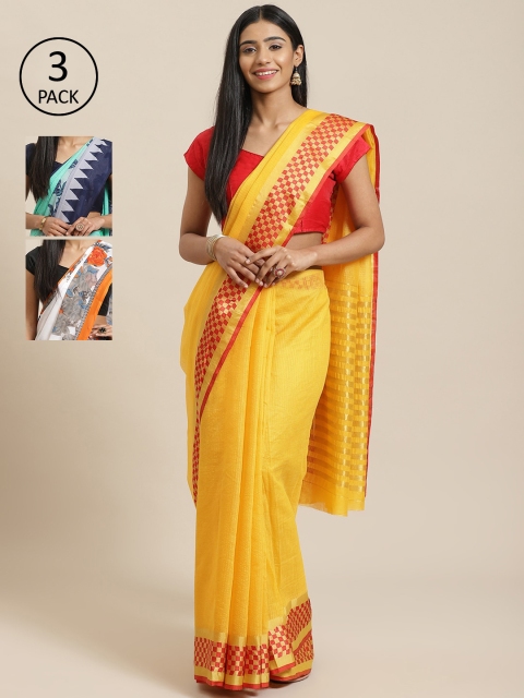 

KALINI Yellow & Multicoloured Silk Cotton Set of 3 Saree