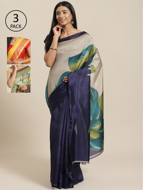

KALINI Pack of 3 Printed Mysore Silk Saree, Navy blue