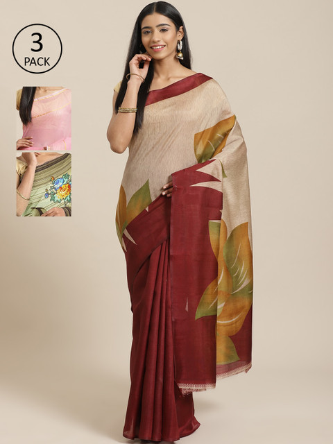

KALINI Pack Of 3 Printed Sarees, Maroon