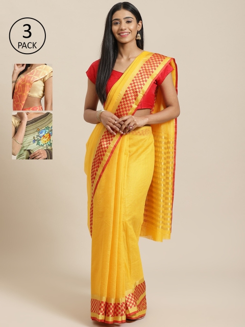 

KALINI Yellow & Multicoloured Set of 3 Silk Cotton Saree