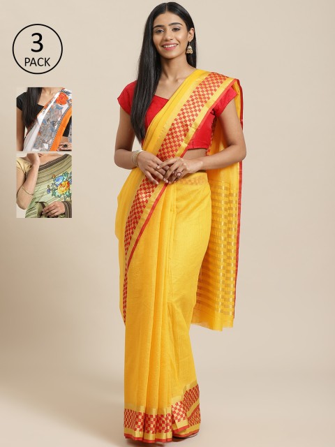 

KALINI Pack of 3 Yellow & White Cotton Silk Sarees