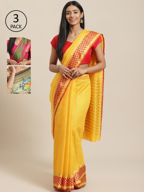 

KALINI Pack of 3 Printed Silk Cotton Saree, Yellow