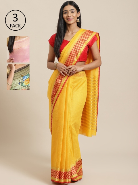 

KALINI Pack Of 3 Solid Sarees, Yellow