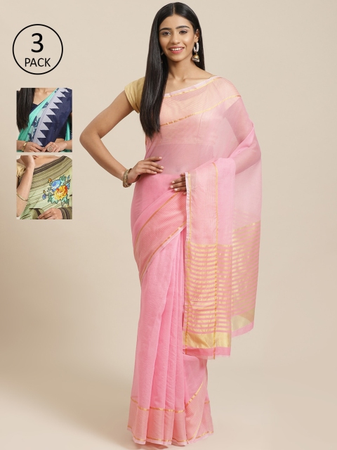 

KALINI Pink & Multicoloured Silk Cotton Set of 3 Saree
