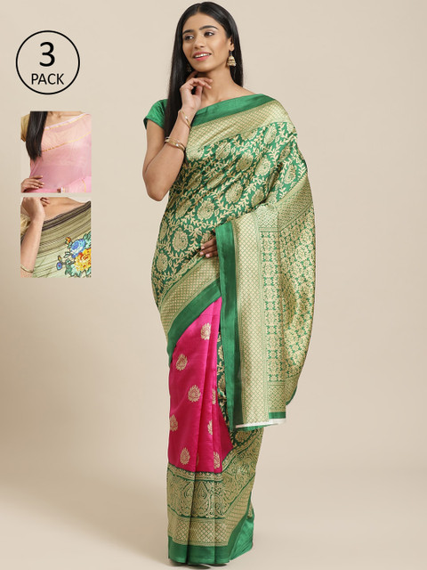 

KALINI Pack of 3 Green & Pink Mysore Silk Sarees