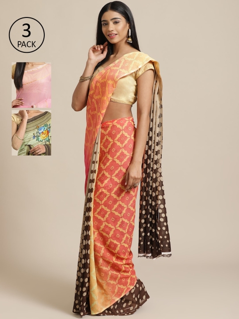 

KALINI Pack of 3 Printed Poly Georgette Saree, Peach
