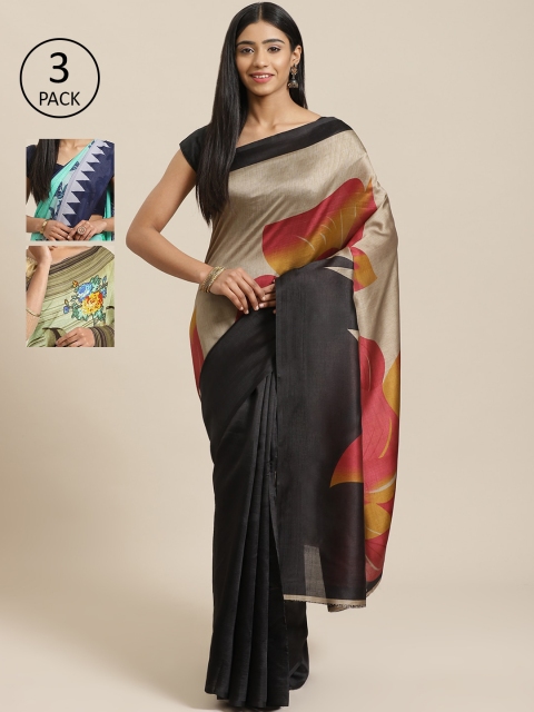 

KALINI Pack Of 3 Printed Sarees, Black