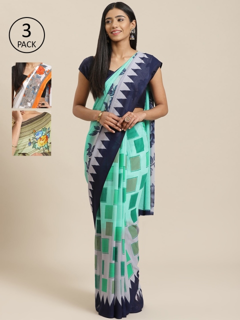 

KALINI Pack of 3 Sea Green & Navy Blue Poly Georgette Sarees