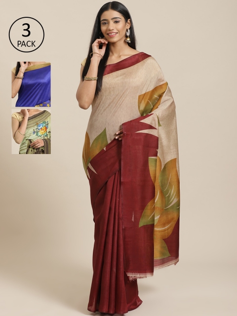 

KALINI Pack Of 3 Printed Sarees, Maroon