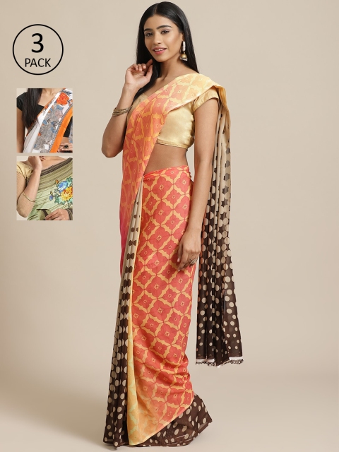 

KALINI Peach-Coloured & Multicoloured Poly Georgette Set of 3 Saree