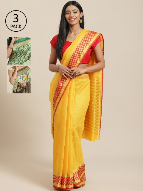 

KALINI Pack of 3 Yellow & Green Cotton Silk Sarees