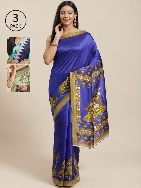 

KALINI Blue & Olive Green Pack of 3 Printed Mysore Silk Saree