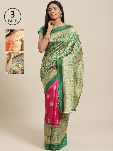 

KALINI Green & Pink Pack of 3 Printed Mysore Silk Saree