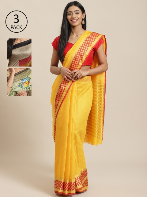 

KALINI Pack of 3 Striped Silk Cotton Saree, Yellow
