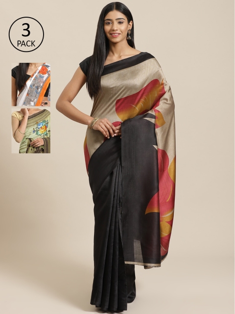 

KALINI Pack of 3 Printed Art Silk Saree, Black