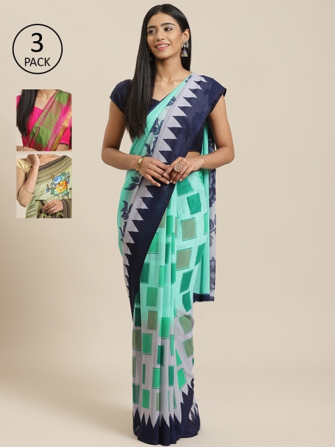 

KALINI Sea Green Pack of 3 Printed Poly Georgette Saree