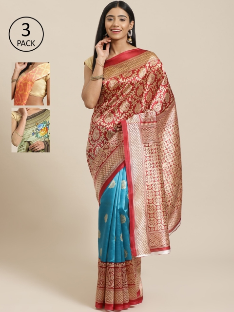 

KALINI Pack of 3 Woven Design Art Silk Saree, Red
