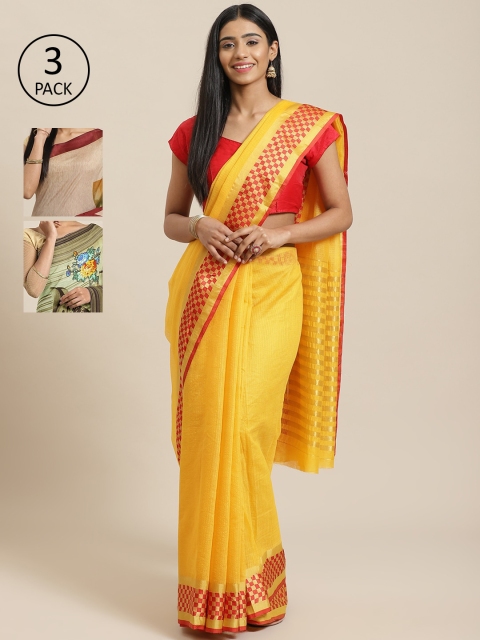 

KALINI Yellow Pack of 3 Printed Silk Cotton Saree