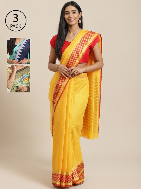 

KALINI Pack of 3 Striped Silk Cotton Saree, Yellow